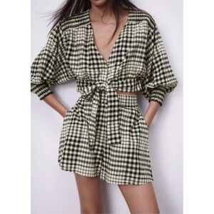 Zara Womens 2 Piece Set Gingham Crop Tie Front Top and High Waist Shorts Small